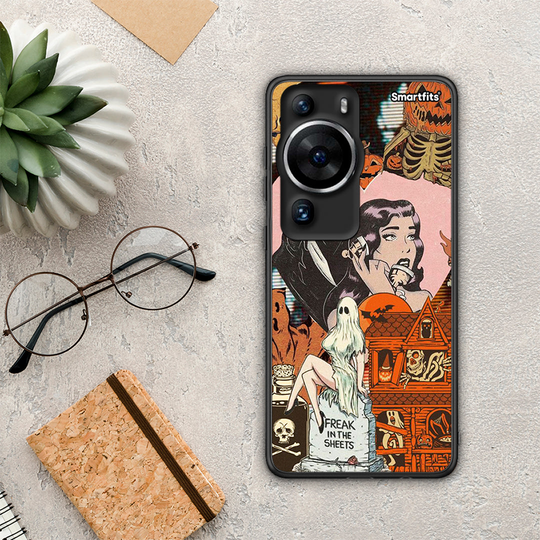 Θήκη Huawei P60 Pro Halloween Collage από τη Smartfits με σχέδιο στο πίσω μέρος και μαύρο περίβλημα | Huawei P60 Pro Halloween Collage Case with Colorful Back and Black Bezels