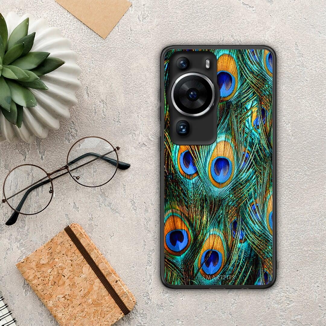 Θήκη Huawei P60 Pro Real Peacock Feathers από τη Smartfits με σχέδιο στο πίσω μέρος και μαύρο περίβλημα | Huawei P60 Pro Real Peacock Feathers Case with Colorful Back and Black Bezels