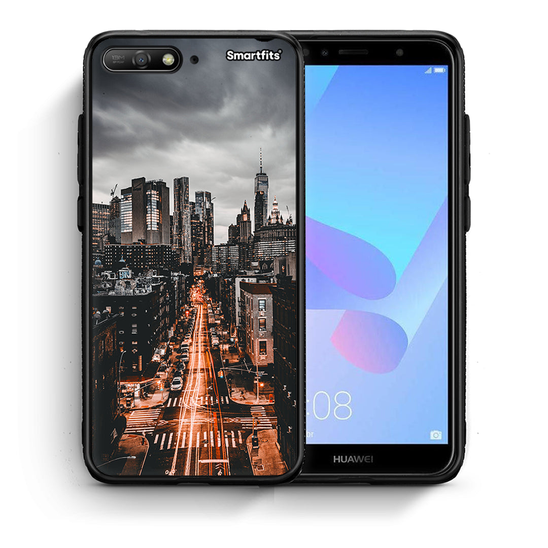 Θήκη Huawei Y6 2018 City Lights από τη Smartfits με σχέδιο στο πίσω μέρος και μαύρο περίβλημα | Huawei Y6 2018 City Lights case with colorful back and black bezels