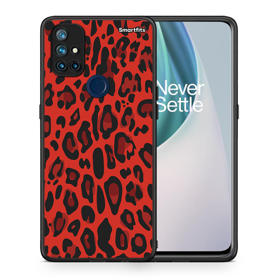 Θήκη OnePlus Nord N10 5G Red Leopard Animal από τη Smartfits με σχέδιο στο πίσω μέρος και μαύρο περίβλημα | OnePlus Nord N10 5G Red Leopard Animal case with colorful back and black bezels