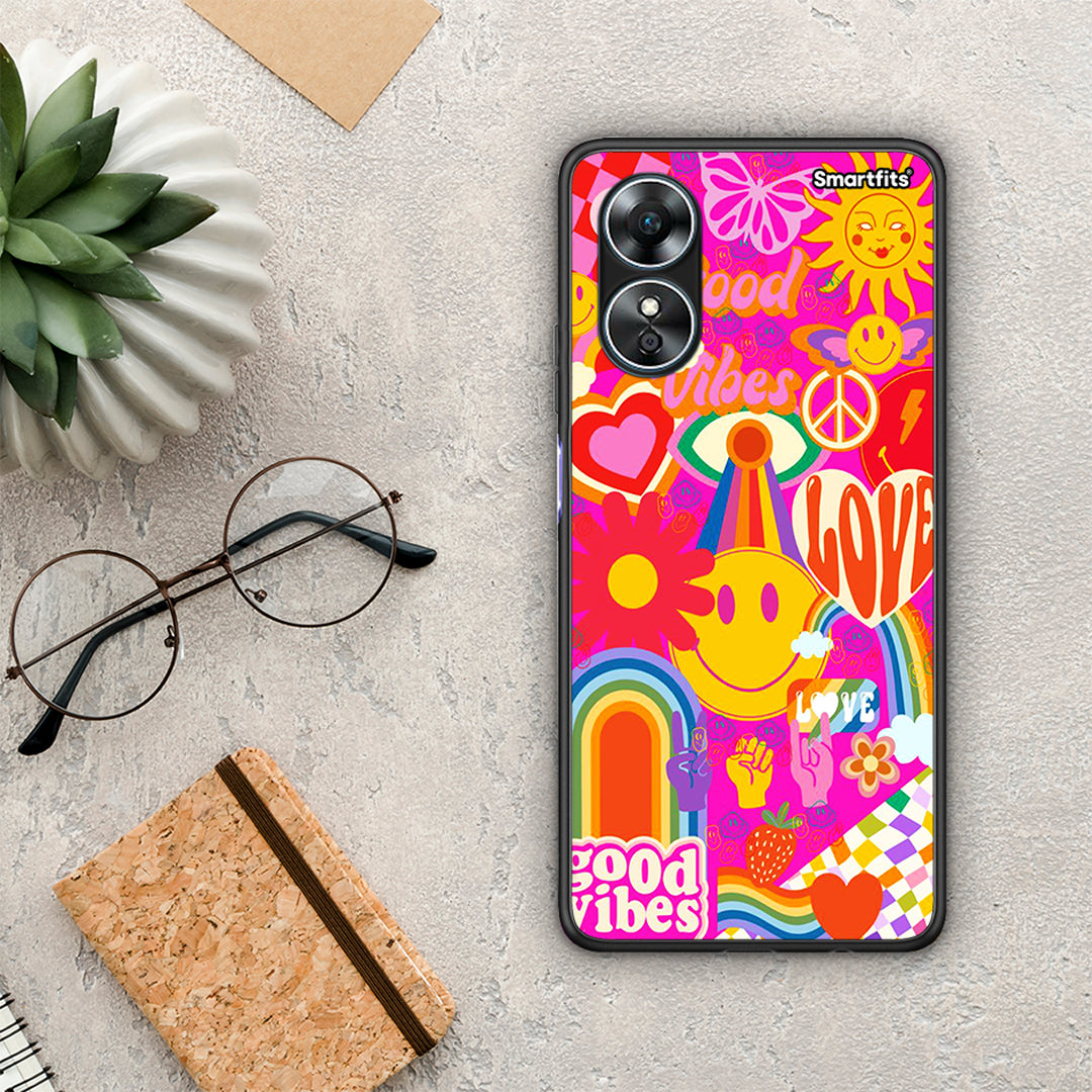 Θήκη Oppo A17 Hippie Love από τη Smartfits με σχέδιο στο πίσω μέρος και μαύρο περίβλημα | Oppo A17 Hippie Love Case with Colorful Back and Black Bezels