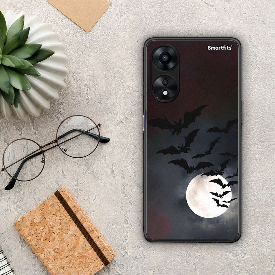 Θήκη Oppo A78 Halloween Bat Night από τη Smartfits με σχέδιο στο πίσω μέρος και μαύρο περίβλημα | Oppo A78 Halloween Bat Night Case with Colorful Back and Black Bezels