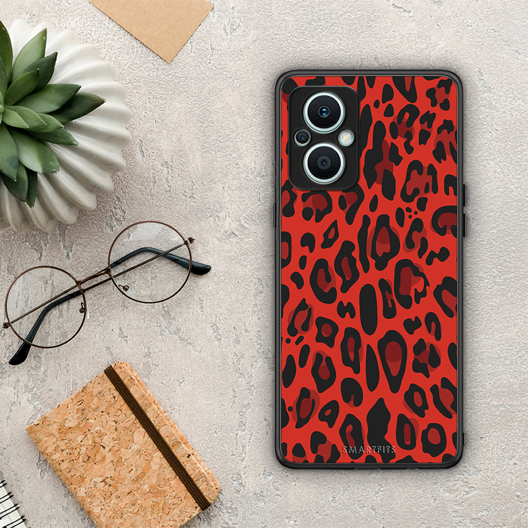 Θήκη Oppo Reno7 Lite Animal Red Leopard από τη Smartfits με σχέδιο στο πίσω μέρος και μαύρο περίβλημα | Oppo Reno7 Lite Animal Red Leopard Case with Colorful Back and Black Bezels