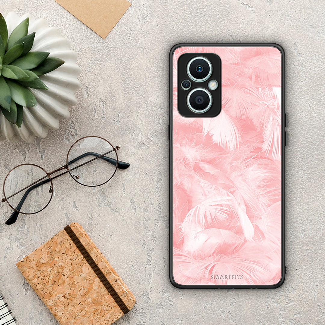 Θήκη Oppo Reno7 Lite Boho Pink Feather από τη Smartfits με σχέδιο στο πίσω μέρος και μαύρο περίβλημα | Oppo Reno7 Lite Boho Pink Feather Case with Colorful Back and Black Bezels