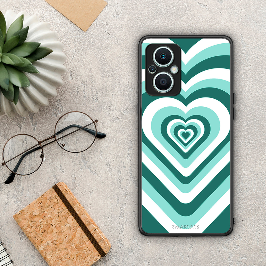 Θήκη Oppo Reno7 Lite Green Hearts από τη Smartfits με σχέδιο στο πίσω μέρος και μαύρο περίβλημα | Oppo Reno7 Lite Green Hearts Case with Colorful Back and Black Bezels