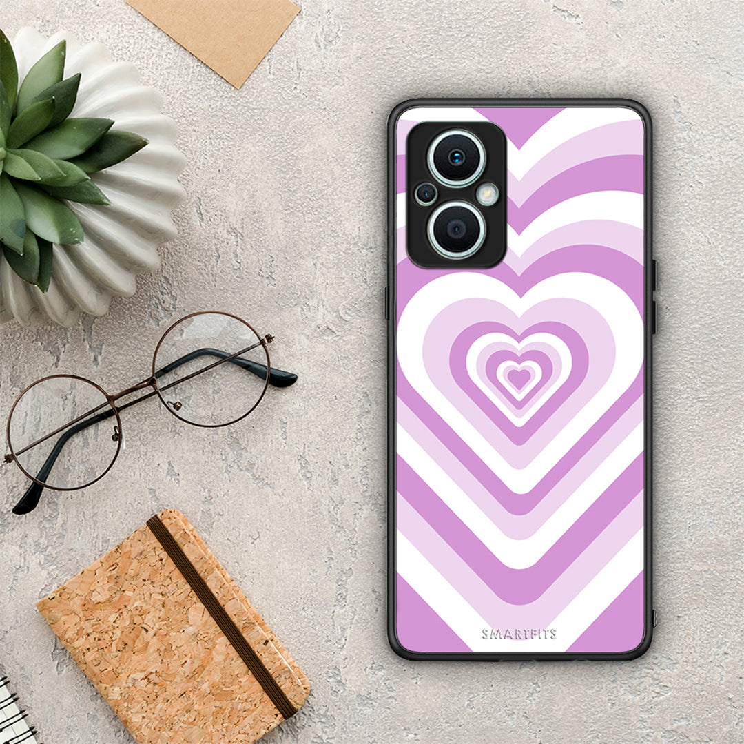Θήκη Oppo Reno7 Lite Lilac Hearts από τη Smartfits με σχέδιο στο πίσω μέρος και μαύρο περίβλημα | Oppo Reno7 Lite Lilac Hearts Case with Colorful Back and Black Bezels