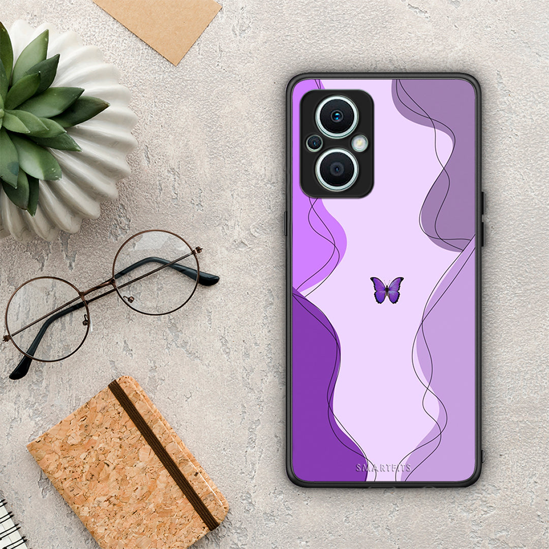 Θήκη Oppo Reno7 Lite Purple Mariposa από τη Smartfits με σχέδιο στο πίσω μέρος και μαύρο περίβλημα | Oppo Reno7 Lite Purple Mariposa Case with Colorful Back and Black Bezels
