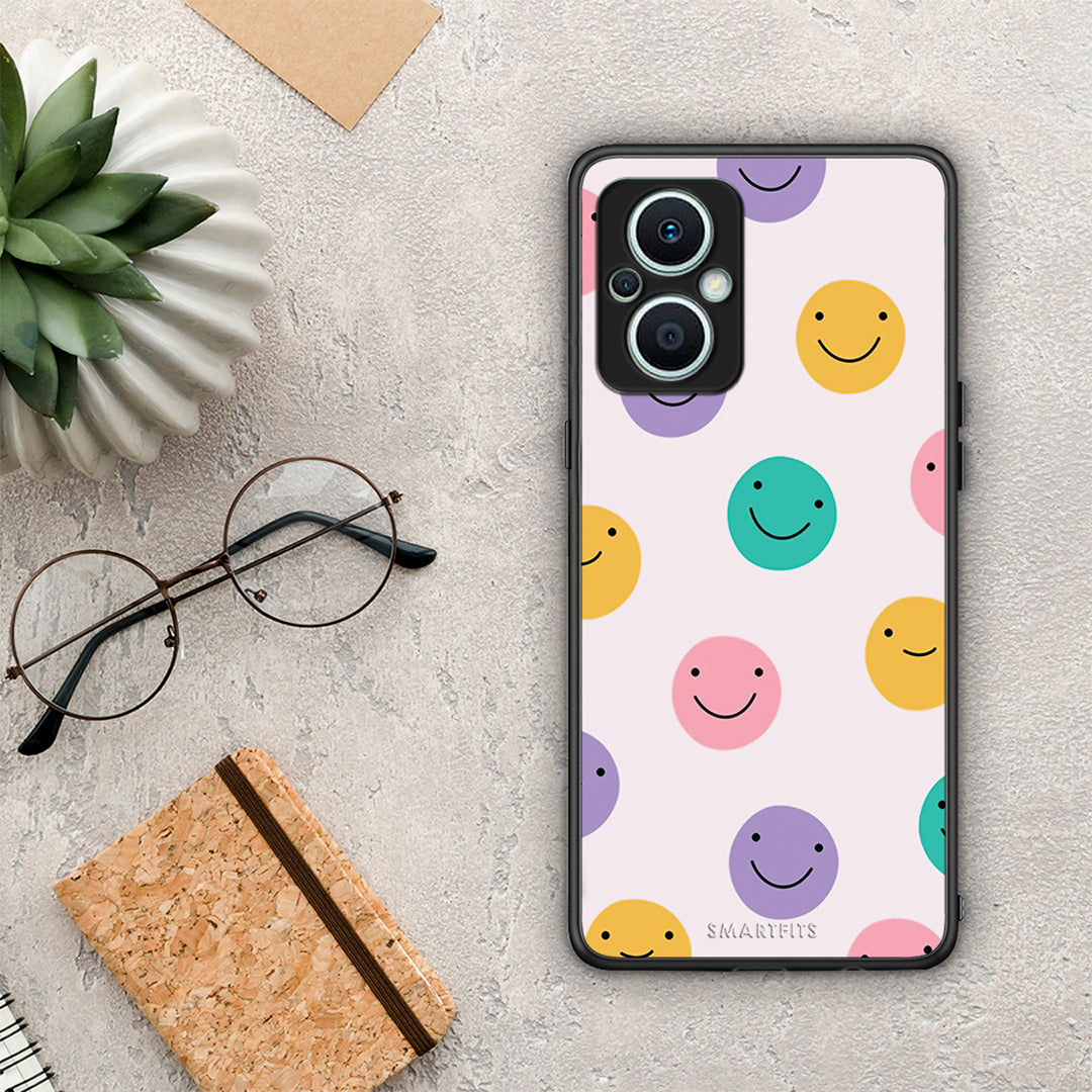 Θήκη Oppo Reno7 Lite Smiley Faces από τη Smartfits με σχέδιο στο πίσω μέρος και μαύρο περίβλημα | Oppo Reno7 Lite Smiley Faces Case with Colorful Back and Black Bezels
