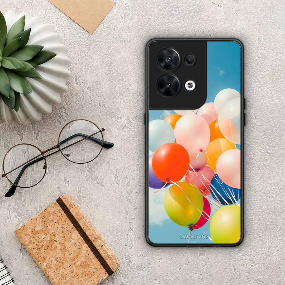 Θήκη Oppo Reno8 5G Colorful Balloons από τη Smartfits με σχέδιο στο πίσω μέρος και μαύρο περίβλημα | Oppo Reno8 5G Colorful Balloons Case with Colorful Back and Black Bezels