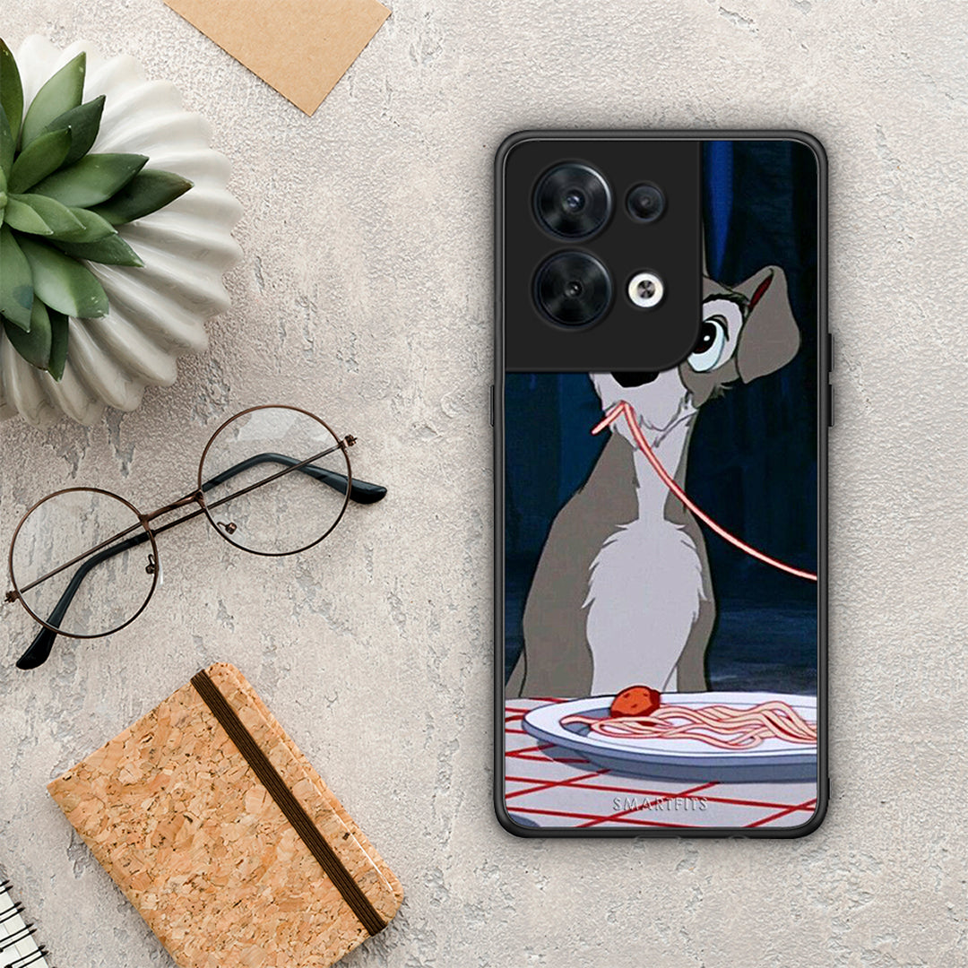 Θήκη Oppo Reno8 5G Lady And Tramp 1 από τη Smartfits με σχέδιο στο πίσω μέρος και μαύρο περίβλημα | Oppo Reno8 5G Lady And Tramp 1 Case with Colorful Back and Black Bezels
