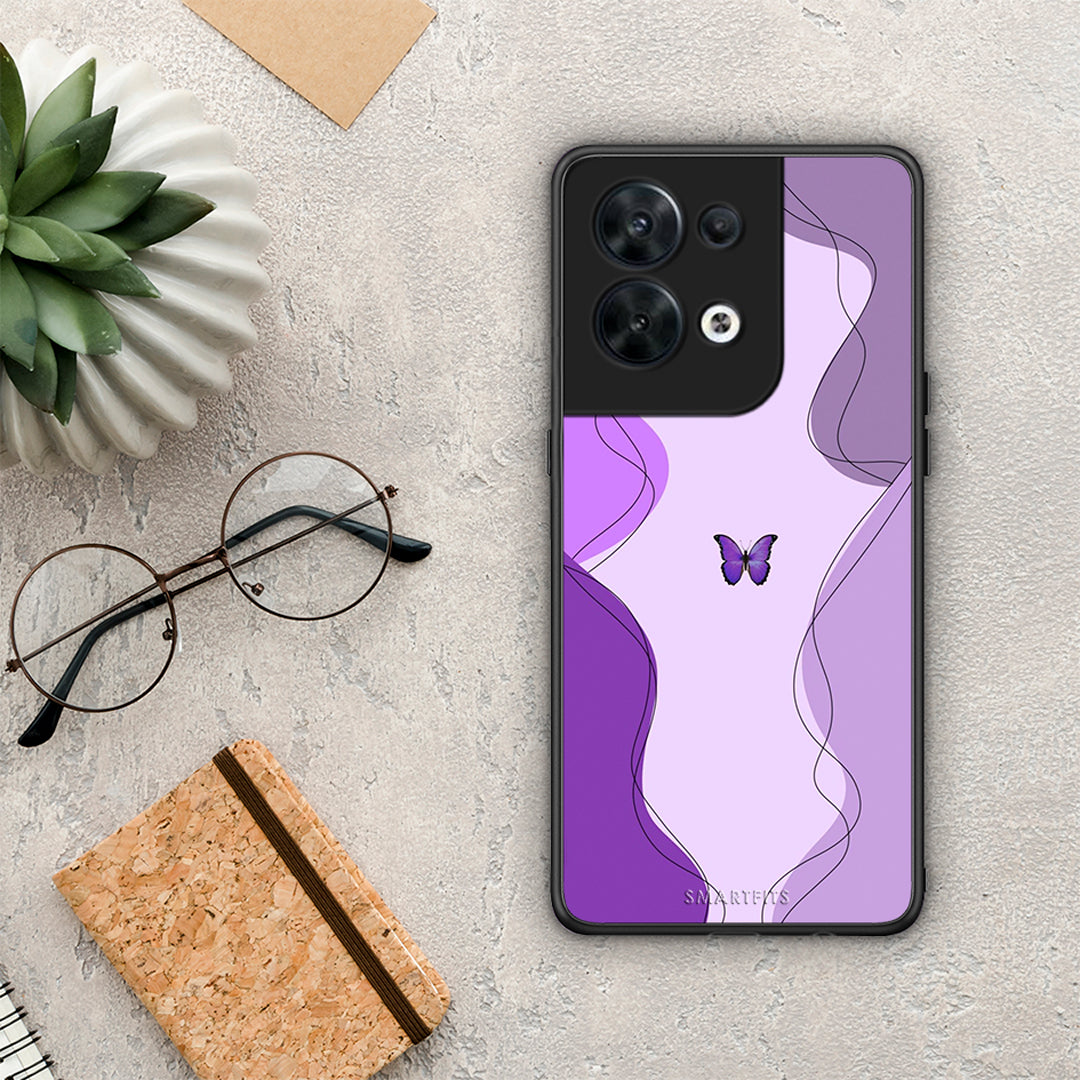 Θήκη Oppo Reno8 5G Purple Mariposa από τη Smartfits με σχέδιο στο πίσω μέρος και μαύρο περίβλημα | Oppo Reno8 5G Purple Mariposa Case with Colorful Back and Black Bezels