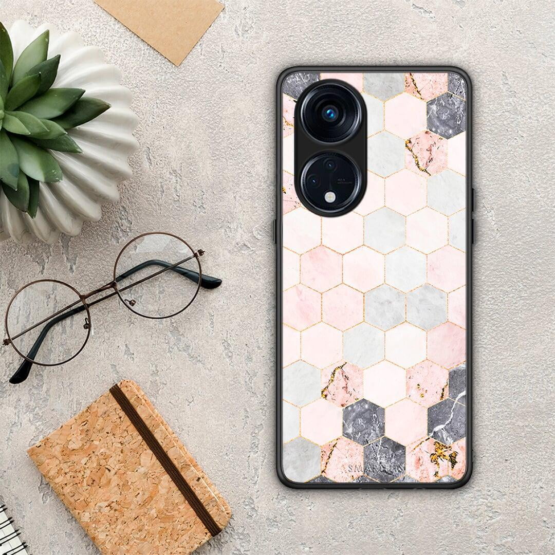 Θήκη Oppo Reno8T 5G / A1 Pro Marble Hexagon Pink από τη Smartfits με σχέδιο στο πίσω μέρος και μαύρο περίβλημα | Oppo Reno8T 5G / A1 Pro Marble Hexagon Pink Case with Colorful Back and Black Bezels