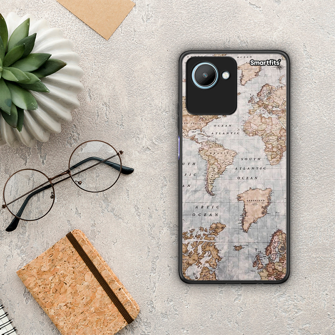 Θήκη Realme C30 World Map από τη Smartfits με σχέδιο στο πίσω μέρος και μαύρο περίβλημα | Realme C30 World Map Case with Colorful Back and Black Bezels