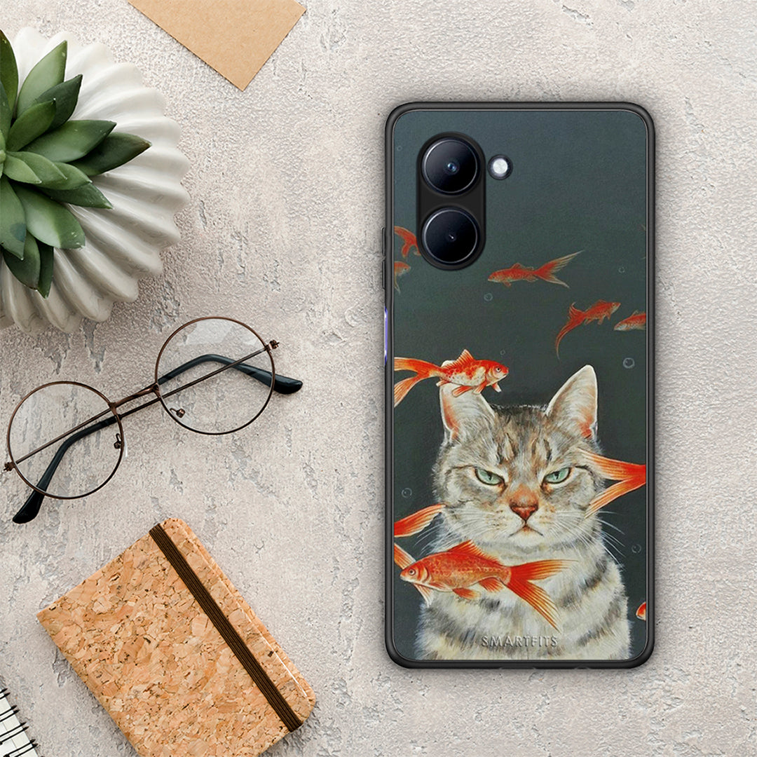 Θήκη Realme C33 Cat Goldfish από τη Smartfits με σχέδιο στο πίσω μέρος και μαύρο περίβλημα | Realme C33 Cat Goldfish Case with Colorful Back and Black Bezels