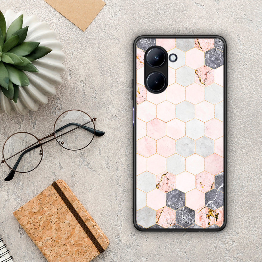 Θήκη Realme C33 Marble Hexagon Pink από τη Smartfits με σχέδιο στο πίσω μέρος και μαύρο περίβλημα | Realme C33 Marble Hexagon Pink Case with Colorful Back and Black Bezels
