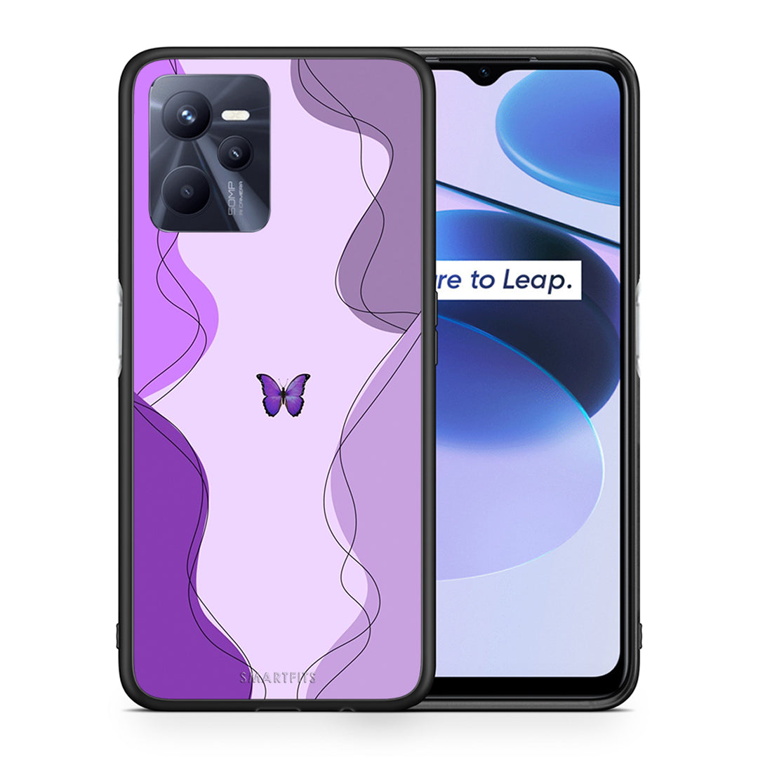 Θήκη Αγίου Βαλεντίνου Realme C35 Purple Mariposa από τη Smartfits με σχέδιο στο πίσω μέρος και μαύρο περίβλημα | Realme C35 Purple Mariposa case with colorful back and black bezels