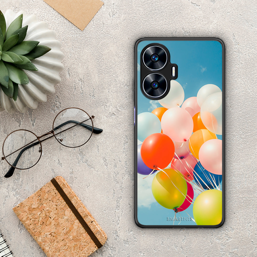 Θήκη Realme C55 Dual Colorful Balloons από τη Smartfits με σχέδιο στο πίσω μέρος και μαύρο περίβλημα | Realme C55 Dual Colorful Balloons Case with Colorful Back and Black Bezels