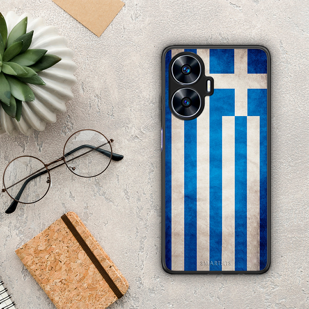 Θήκη Realme C55 Dual Flag Greek από τη Smartfits με σχέδιο στο πίσω μέρος και μαύρο περίβλημα | Realme C55 Dual Flag Greek Case with Colorful Back and Black Bezels