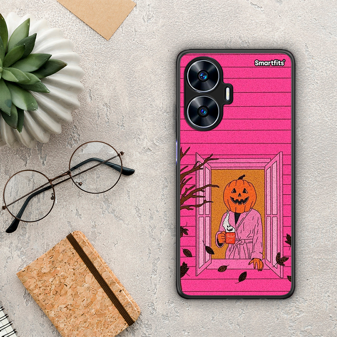 Θήκη Realme C55 Dual Halloween Pumpkin Lady από τη Smartfits με σχέδιο στο πίσω μέρος και μαύρο περίβλημα | Realme C55 Dual Halloween Pumpkin Lady Case with Colorful Back and Black Bezels