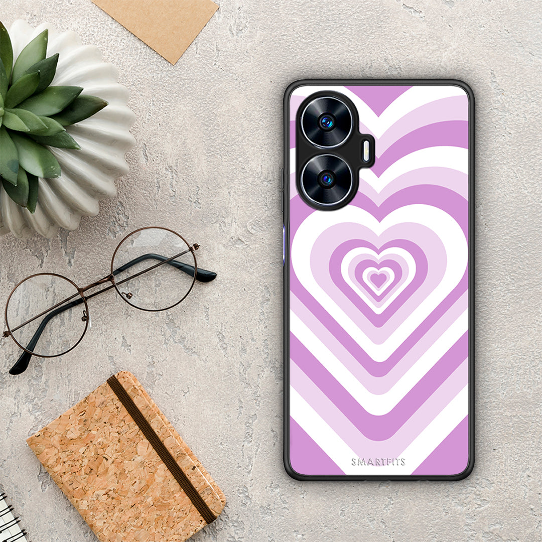 Θήκη Realme C55 Dual Lilac Hearts από τη Smartfits με σχέδιο στο πίσω μέρος και μαύρο περίβλημα | Realme C55 Dual Lilac Hearts Case with Colorful Back and Black Bezels