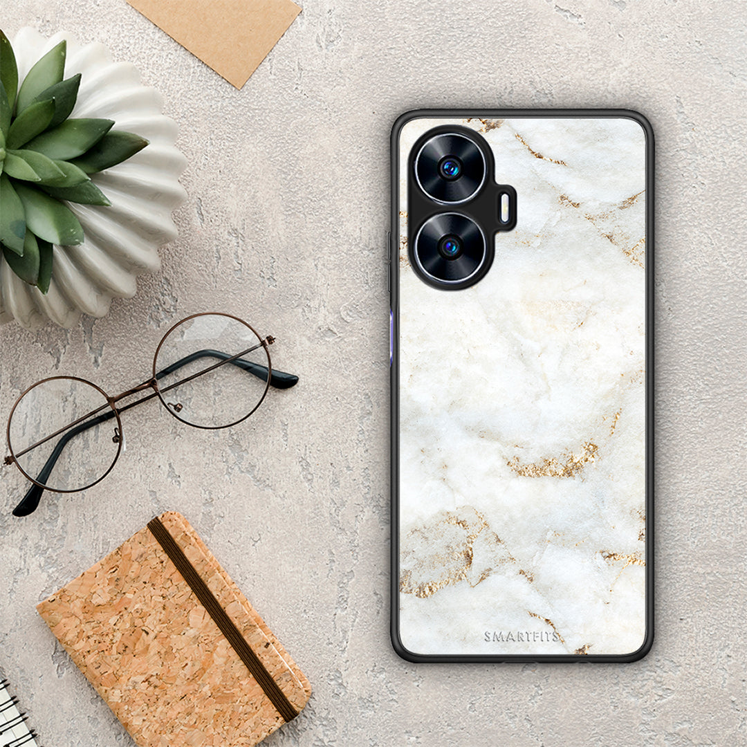 Θήκη Realme C55 Dual White Gold Marble από τη Smartfits με σχέδιο στο πίσω μέρος και μαύρο περίβλημα | Realme C55 Dual White Gold Marble Case with Colorful Back and Black Bezels