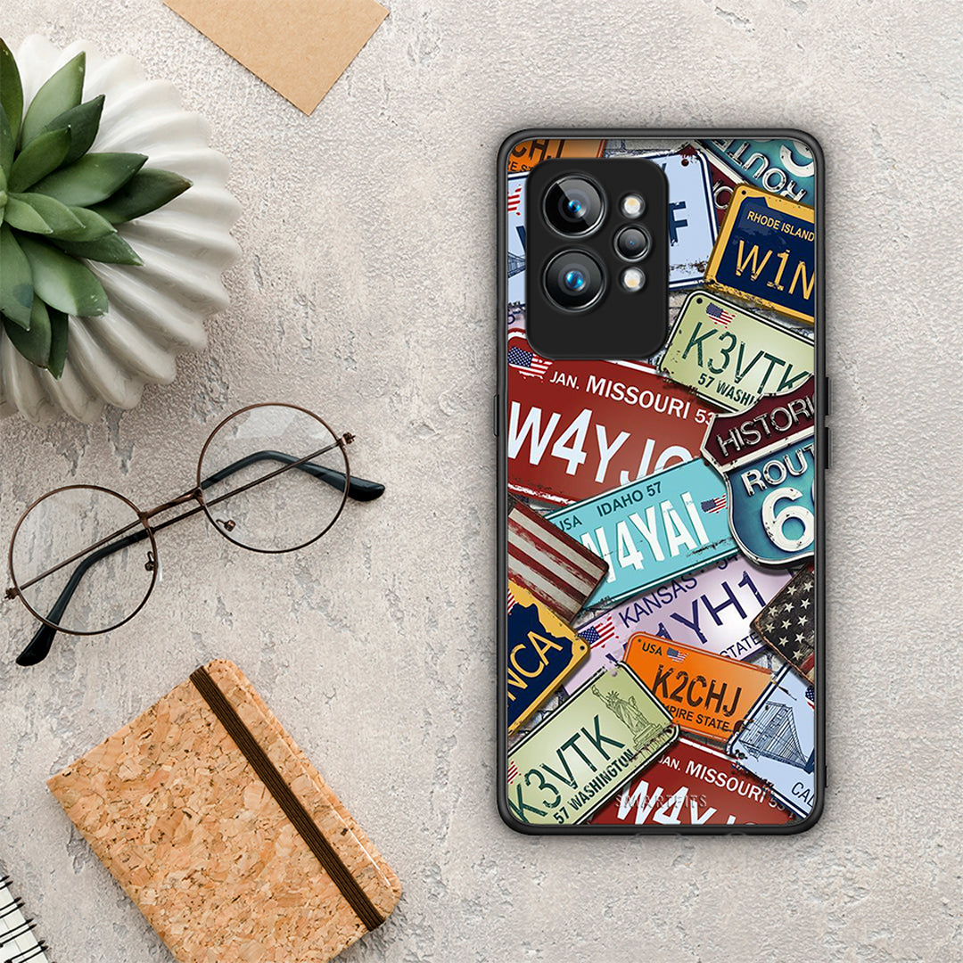 Θήκη Realme GT2 Car Plates από τη Smartfits με σχέδιο στο πίσω μέρος και μαύρο περίβλημα | Realme GT2 Car Plates Case with Colorful Back and Black Bezels