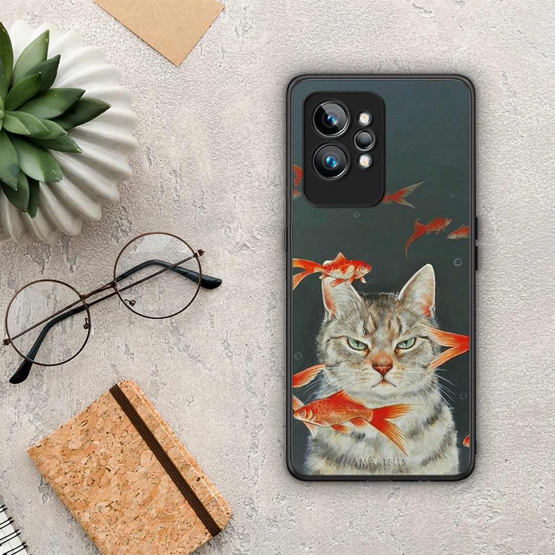 Θήκη Realme GT2 Cat Goldfish από τη Smartfits με σχέδιο στο πίσω μέρος και μαύρο περίβλημα | Realme GT2 Cat Goldfish Case with Colorful Back and Black Bezels