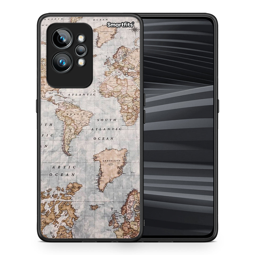 Θήκη Realme GT2 Pro World Map από τη Smartfits με σχέδιο στο πίσω μέρος και μαύρο περίβλημα | Realme GT2 Pro World Map Case with Colorful Back and Black Bezels