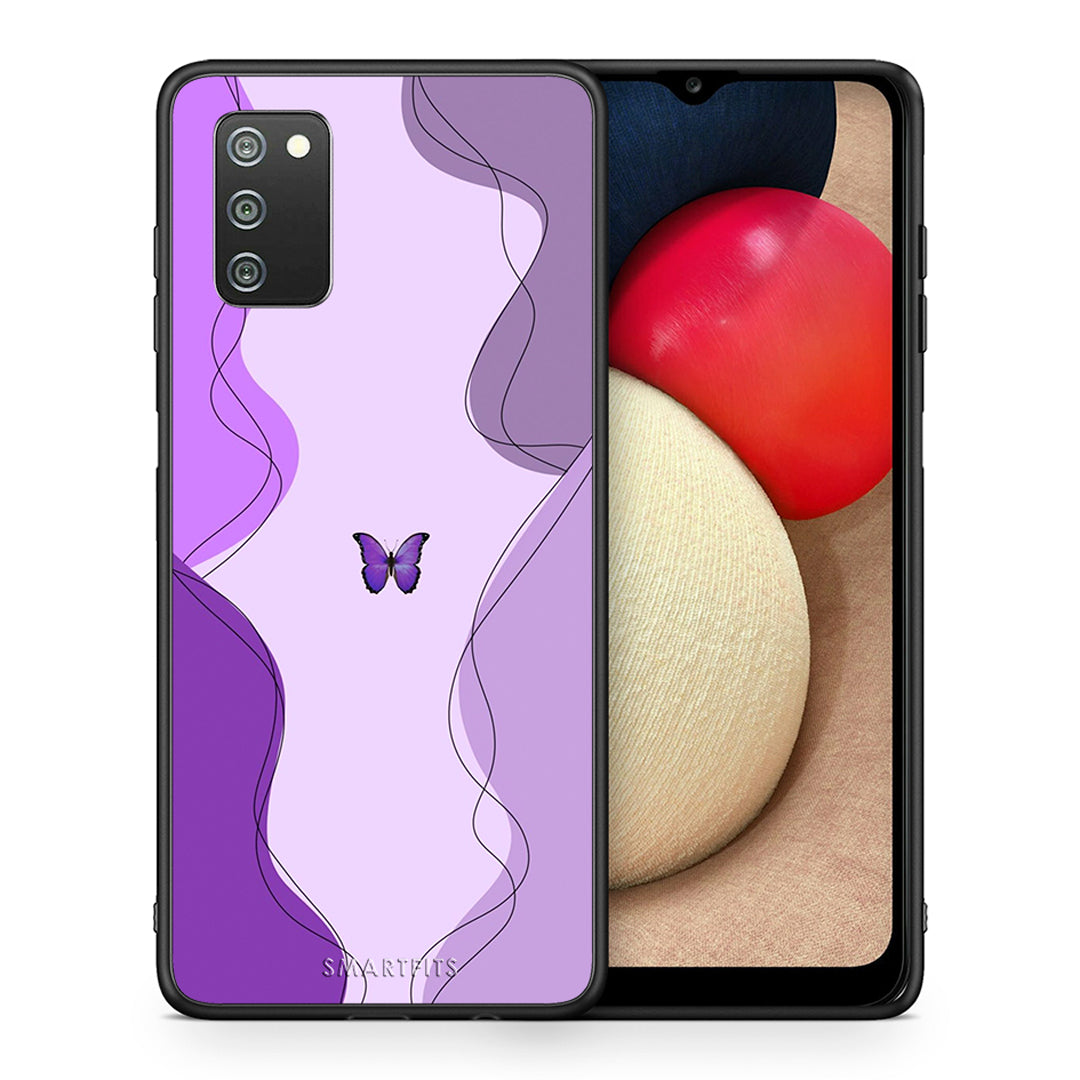 Θήκη Αγίου Βαλεντίνου Samsung A02s Purple Mariposa από τη Smartfits με σχέδιο στο πίσω μέρος και μαύρο περίβλημα | Samsung A02s Purple Mariposa case with colorful back and black bezels