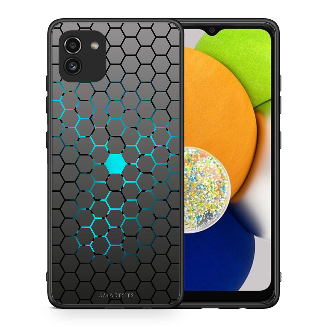Θήκη Samsung A03 Hexagonal Geometric από τη Smartfits με σχέδιο στο πίσω μέρος και μαύρο περίβλημα | Samsung A03 Hexagonal Geometric case with colorful back and black bezels