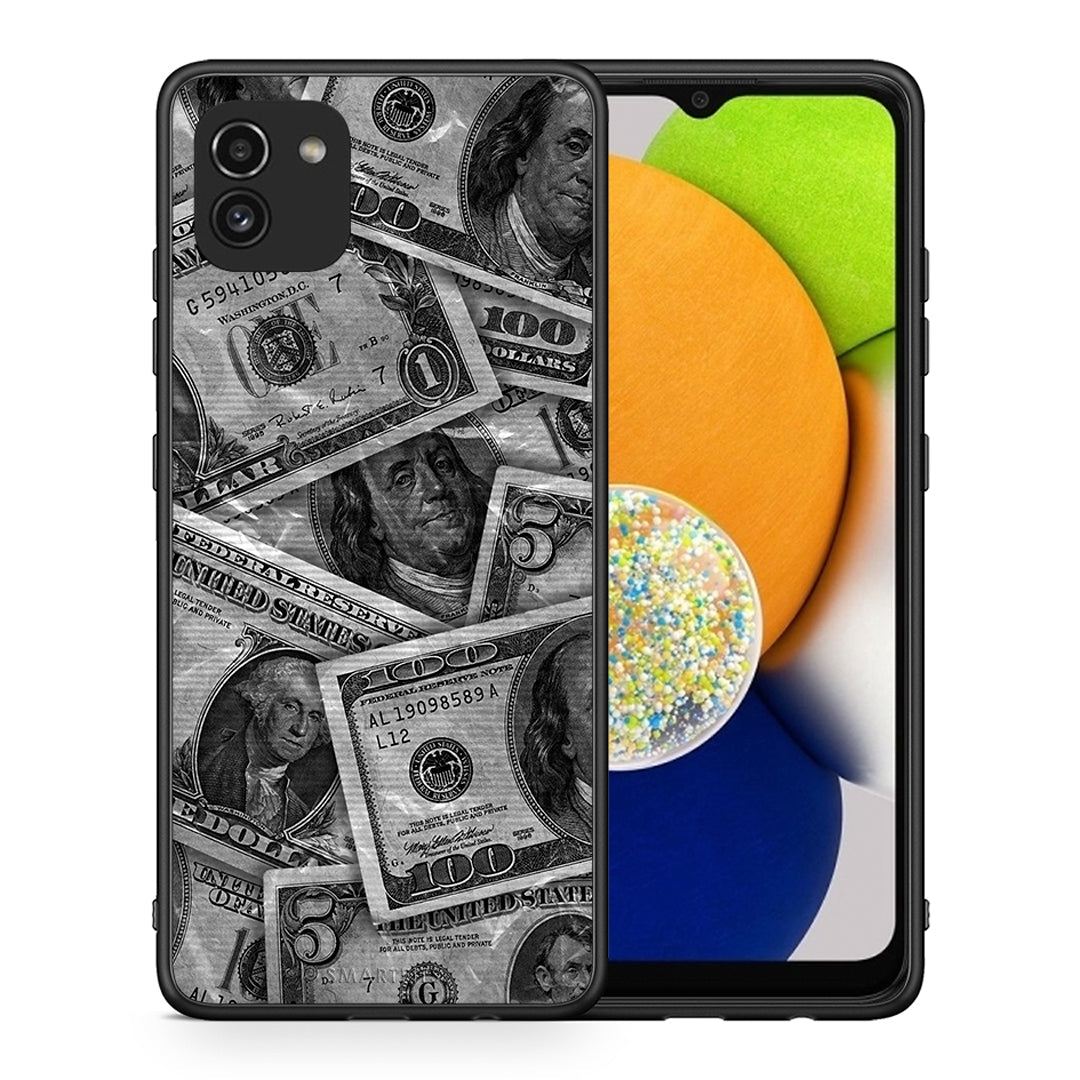 Θήκη Samsung A03 Money Dollars από τη Smartfits με σχέδιο στο πίσω μέρος και μαύρο περίβλημα | Samsung A03 Money Dollars case with colorful back and black bezels