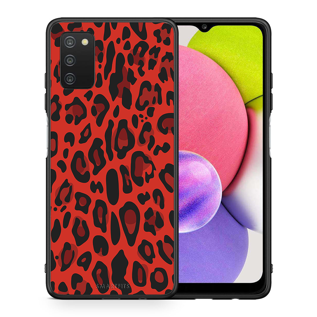 Θήκη Samsung A03s Red Leopard Animal από τη Smartfits με σχέδιο στο πίσω μέρος και μαύρο περίβλημα | Samsung A03s Red Leopard Animal case with colorful back and black bezels