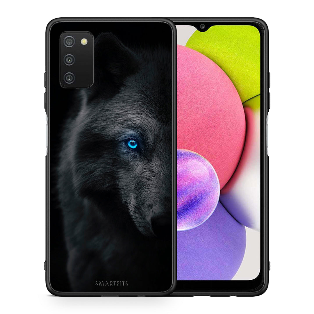 Θήκη Samsung A03s Dark Wolf από τη Smartfits με σχέδιο στο πίσω μέρος και μαύρο περίβλημα | Samsung A03s Dark Wolf case with colorful back and black bezels
