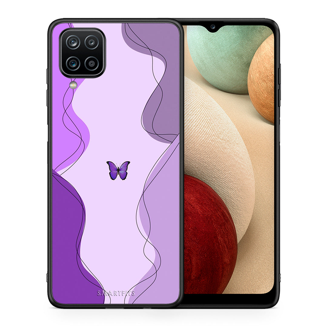 Θήκη Αγίου Βαλεντίνου Samsung A12 Purple Mariposa από τη Smartfits με σχέδιο στο πίσω μέρος και μαύρο περίβλημα | Samsung A12 Purple Mariposa case with colorful back and black bezels