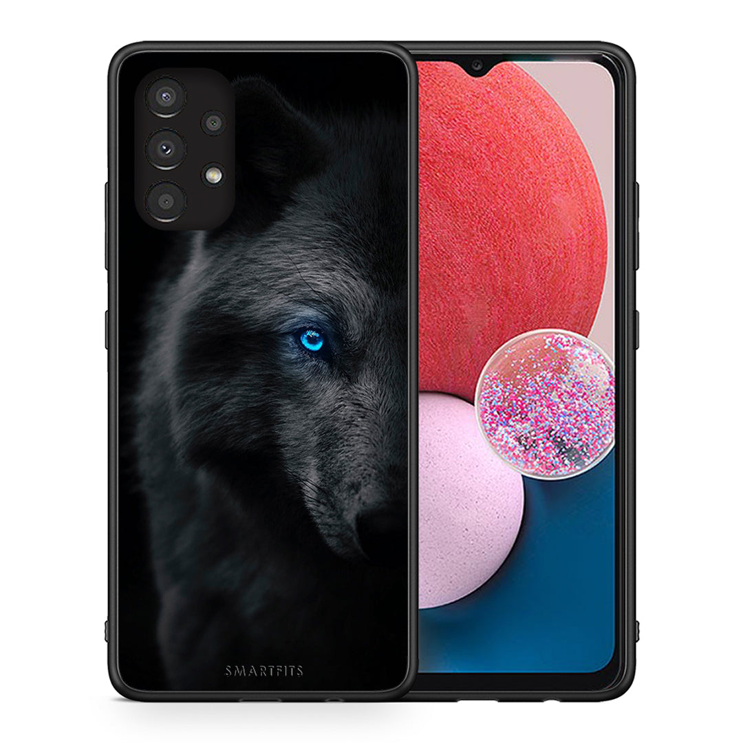Θήκη Samsung A13 4G Dark Wolf από τη Smartfits με σχέδιο στο πίσω μέρος και μαύρο περίβλημα | Samsung A13 4G Dark Wolf case with colorful back and black bezels