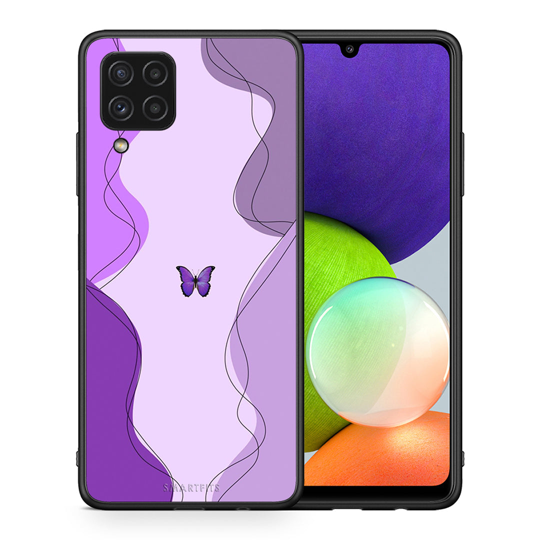 Θήκη Αγίου Βαλεντίνου Samsung A22 4G Purple Mariposa από τη Smartfits με σχέδιο στο πίσω μέρος και μαύρο περίβλημα | Samsung A22 4G Purple Mariposa case with colorful back and black bezels