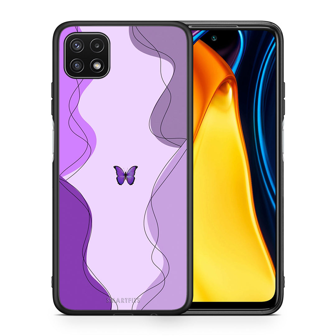 Θήκη Αγίου Βαλεντίνου Samsung A22 5G Purple Mariposa από τη Smartfits με σχέδιο στο πίσω μέρος και μαύρο περίβλημα | Samsung A22 5G Purple Mariposa case with colorful back and black bezels