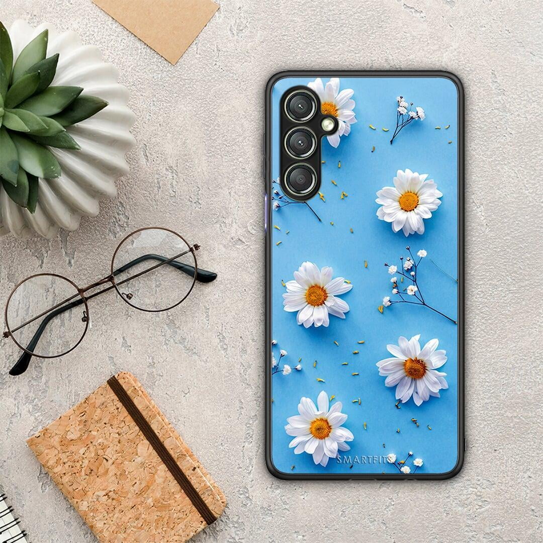 Θήκη Samsung Galaxy A24 4G Real Daisies από τη Smartfits με σχέδιο στο πίσω μέρος και μαύρο περίβλημα | Samsung Galaxy A24 4G Real Daisies Case with Colorful Back and Black Bezels