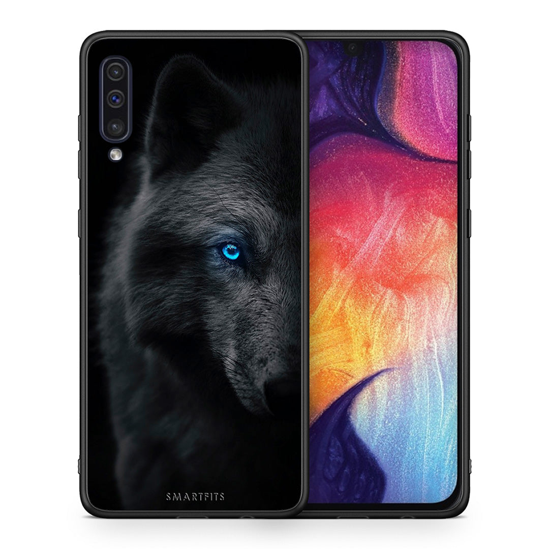 Θήκη Samsung A50/A30s Dark Wolf από τη Smartfits με σχέδιο στο πίσω μέρος και μαύρο περίβλημα | Samsung A50/A30s Dark Wolf case with colorful back and black bezels