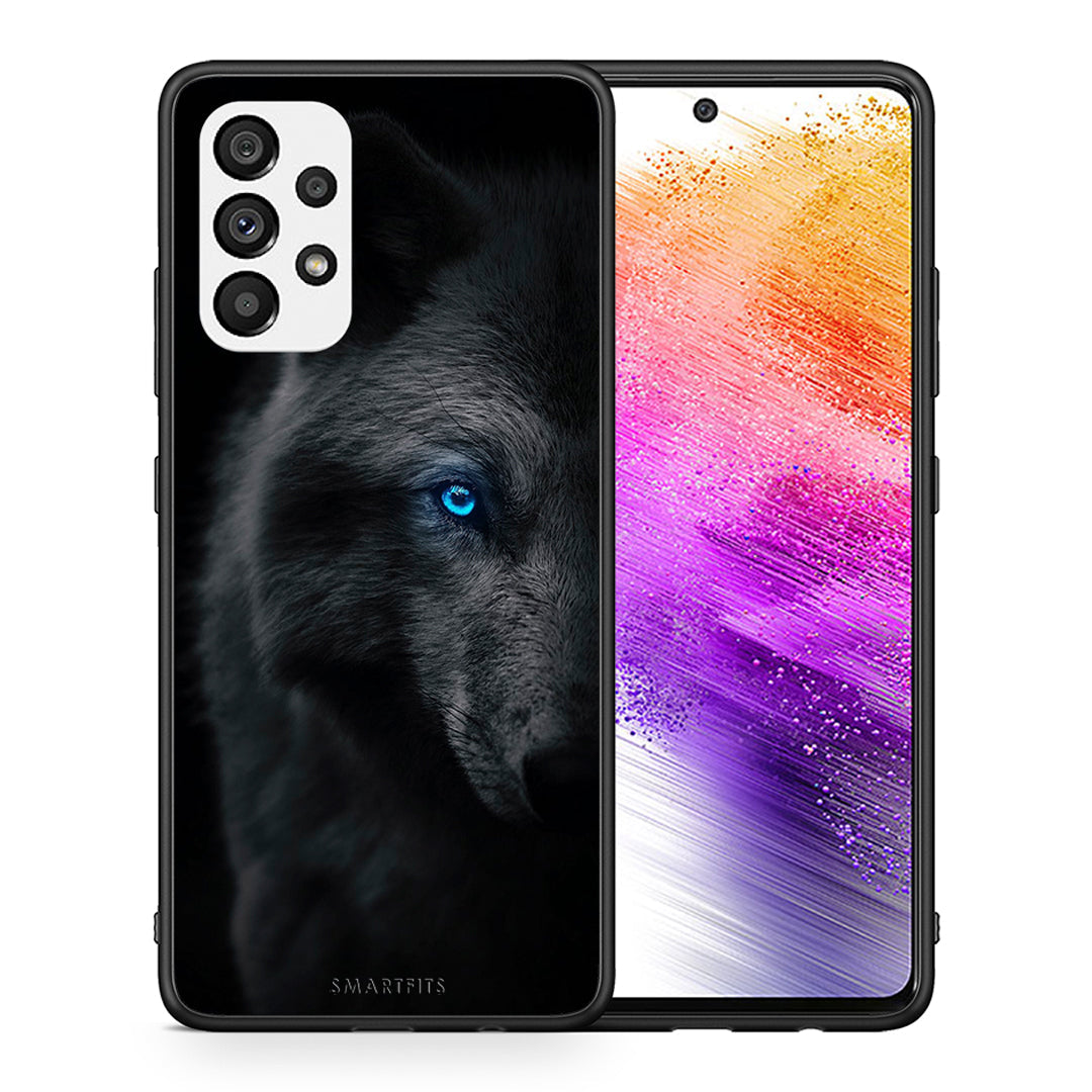 Θήκη Samsung A73 5G Dark Wolf από τη Smartfits με σχέδιο στο πίσω μέρος και μαύρο περίβλημα | Samsung A73 5G Dark Wolf case with colorful back and black bezels