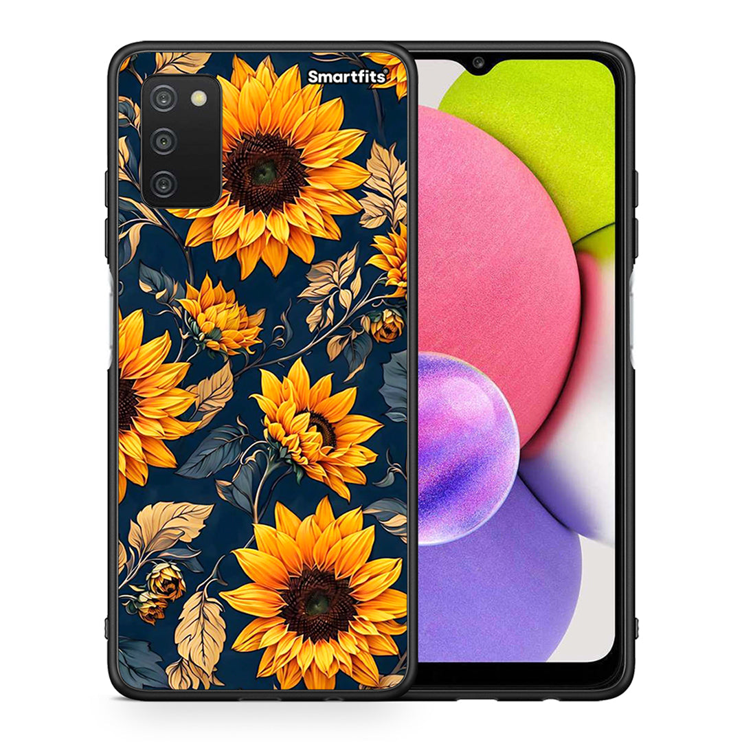Θήκη Samsung A03s Autumn Sunflowers από τη Smartfits με σχέδιο στο πίσω μέρος και μαύρο περίβλημα | Samsung A03s Autumn Sunflowers case with colorful back and black bezels