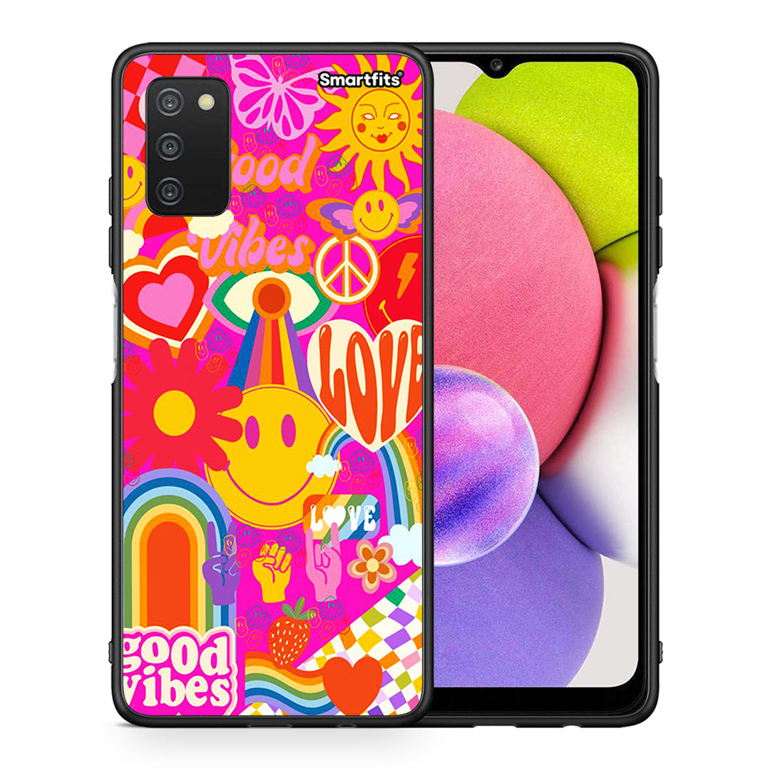 Θήκη Samsung A03s Hippie Love από τη Smartfits με σχέδιο στο πίσω μέρος και μαύρο περίβλημα | Samsung A03s Hippie Love case with colorful back and black bezels