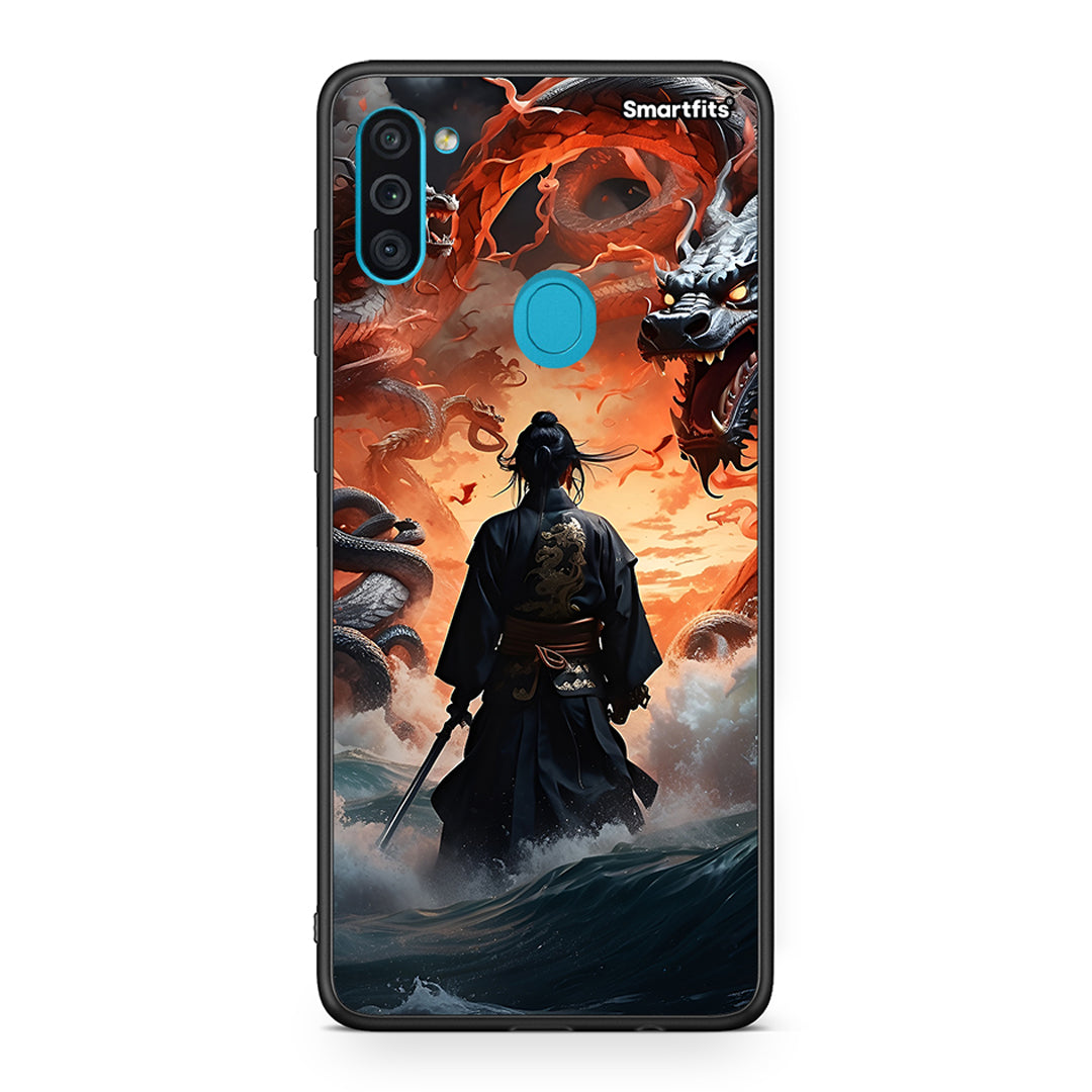 Samsung A11/M11 Dragons Fight θήκη από τη Smartfits με σχέδιο στο πίσω μέρος και μαύρο περίβλημα | Smartphone case with colorful back and black bezels by Smartfits