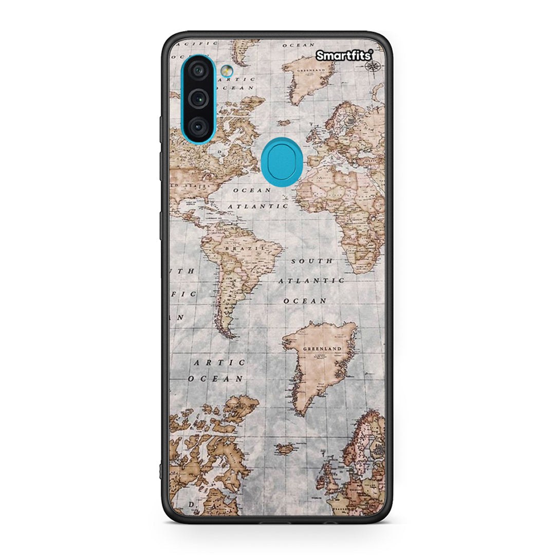 Samsung A11 / M11 World Map Θήκη από τη Smartfits με σχέδιο στο πίσω μέρος και μαύρο περίβλημα | Smartphone case with colorful back and black bezels by Smartfits
