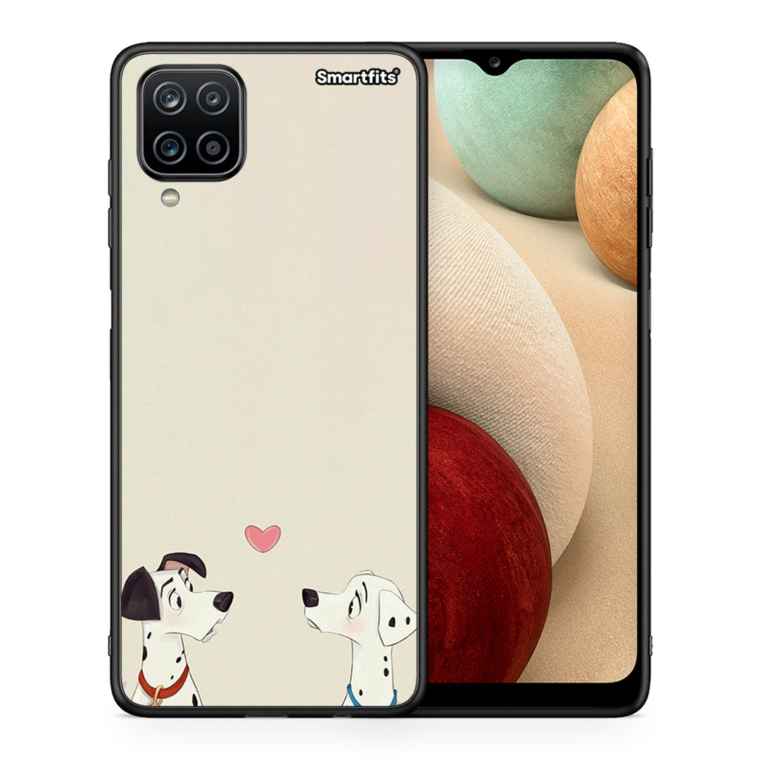 Θήκη Samsung A12 Dalmatians Love από τη Smartfits με σχέδιο στο πίσω μέρος και μαύρο περίβλημα | Samsung A12 Dalmatians Love case with colorful back and black bezels