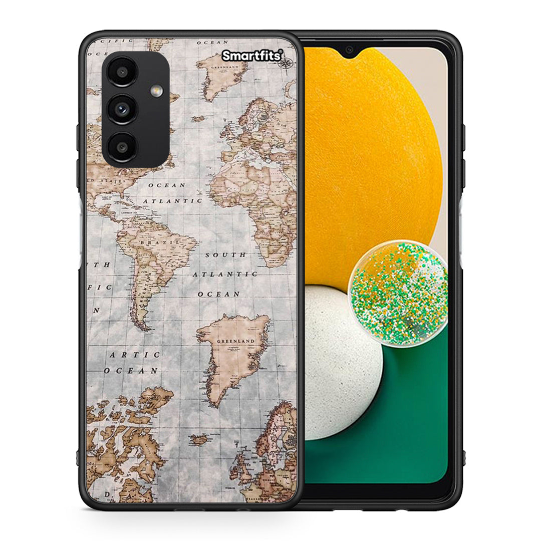 Θήκη Samsung A13 5G World Map από τη Smartfits με σχέδιο στο πίσω μέρος και μαύρο περίβλημα | Samsung A13 5G World Map case with colorful back and black bezels