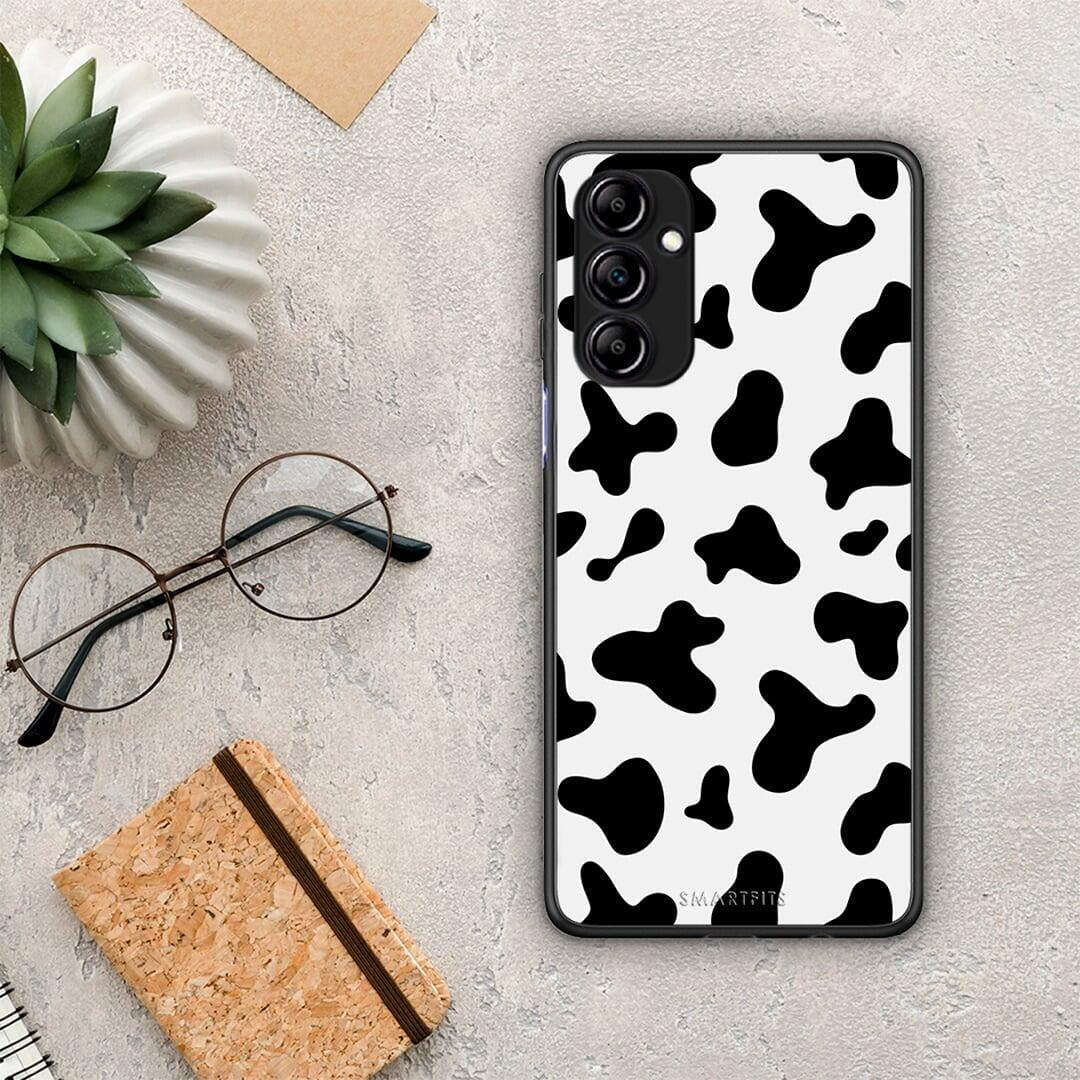 Θήκη Samsung Galaxy A14 / A14 5G Cow Print από τη Smartfits με σχέδιο στο πίσω μέρος και μαύρο περίβλημα | Samsung Galaxy A14 / A14 5G Cow Print Case with Colorful Back and Black Bezels