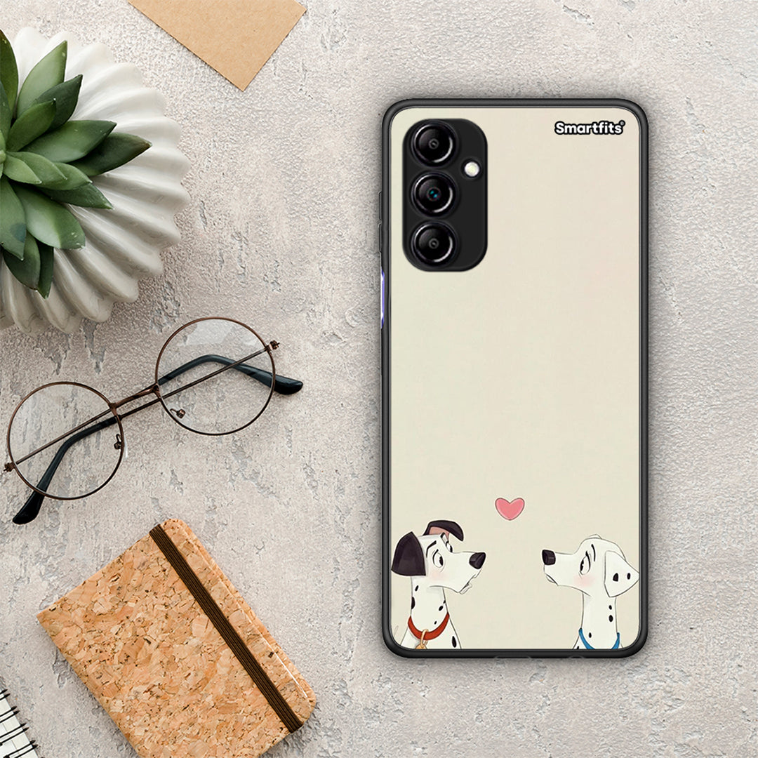 Θήκη Samsung Galaxy A14 / A14 5G Dalmatians Love από τη Smartfits με σχέδιο στο πίσω μέρος και μαύρο περίβλημα | Samsung Galaxy A14 / A14 5G Dalmatians Love Case with Colorful Back and Black Bezels