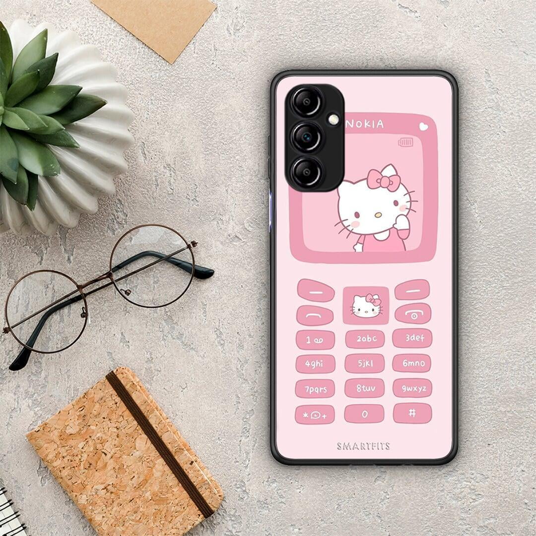 Θήκη Samsung Galaxy A14 / A14 5G Hello Kitten από τη Smartfits με σχέδιο στο πίσω μέρος και μαύρο περίβλημα | Samsung Galaxy A14 / A14 5G Hello Kitten Case with Colorful Back and Black Bezels