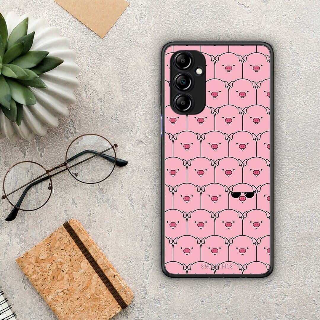 Θήκη Samsung Galaxy A14 / A14 5G Pig Glasses από τη Smartfits με σχέδιο στο πίσω μέρος και μαύρο περίβλημα | Samsung Galaxy A14 / A14 5G Pig Glasses Case with Colorful Back and Black Bezels